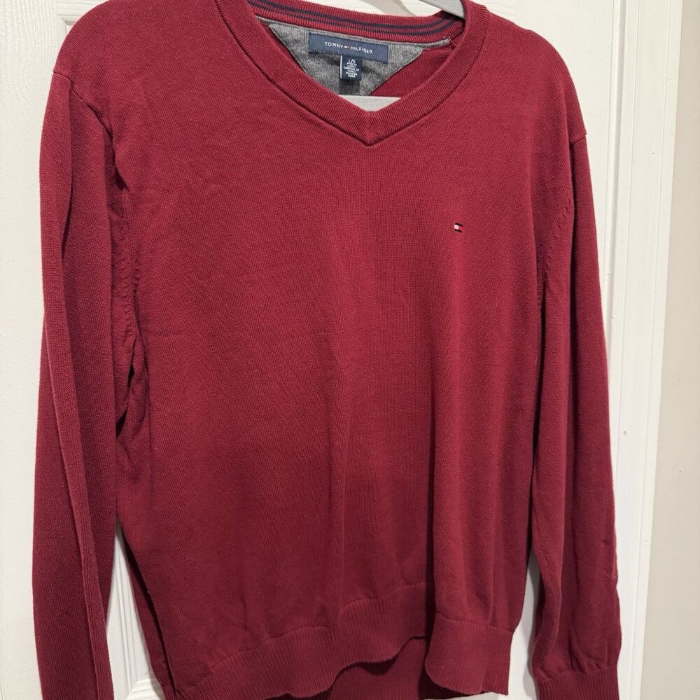 Tommy Hilfiger Mens Large Red V Neck Sweater 100% Cotton Logo Pullover
